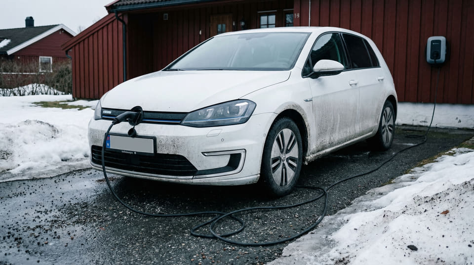 En eldre e-Golf står til lading. Nå som mange av disse bilene nærmer seg ti år, risikerer eierne å miste forsikringsdekningen for batteriet, samtidig som avgiftene øker kraftig.