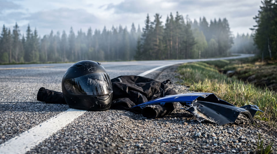 Ved velt i en sving er det kun kaskoforsikring som dekker skadene på egen motorsykkel og dyrt kjøreutstyr. Uten riktig dekning må du ta hele regningen selv.