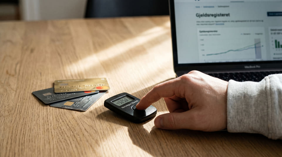 Før du kan refinansiere dyr kredittkortgjeld, må du skaffe deg full oversikt. Første steg er å logge inn i Gjeldsregisteret for å se nøyaktig hvor mye du skylder.