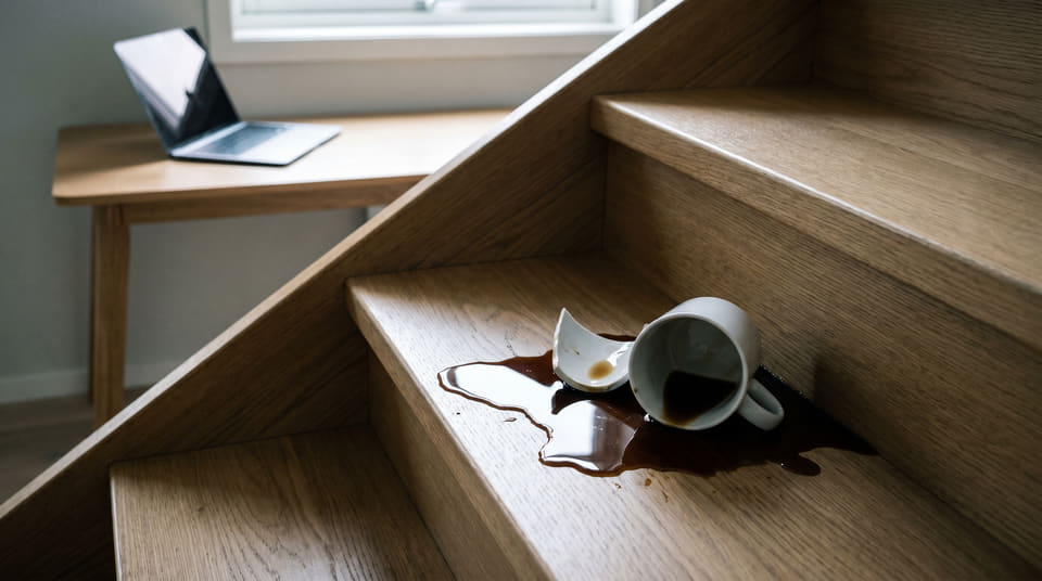 Skader som skjer i pauser på hjemmekontoret, for eksempel hvis du snubler i trappen med kaffekoppen, dekkes normalt ikke av arbeidsgivers yrkesskadeforsikring.
