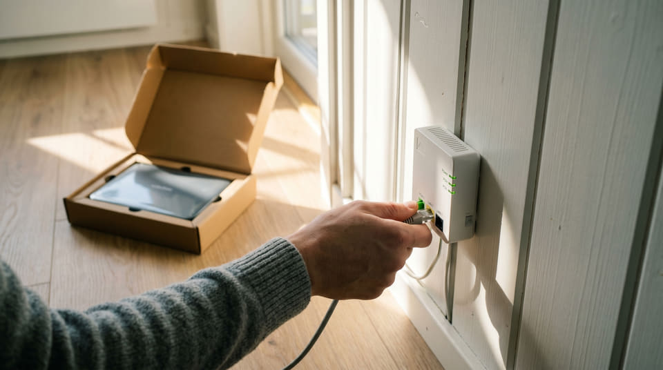 På åpne fibernett trenger du ikke bytte fiberboksen på veggen. Å bytte bredbåndsleverandør betyr nå kun at du plugger en ny ruter inn i eksisterende utstyr.