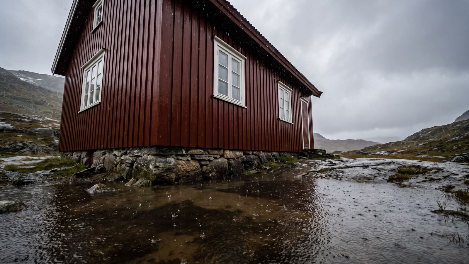 Kraftig høstregn og overvann kan føre til store skader på hytta. Sjekk om din forsikring dekker vann som trenger inn fra terrenget, da standarddekning ofte ikke er nok.