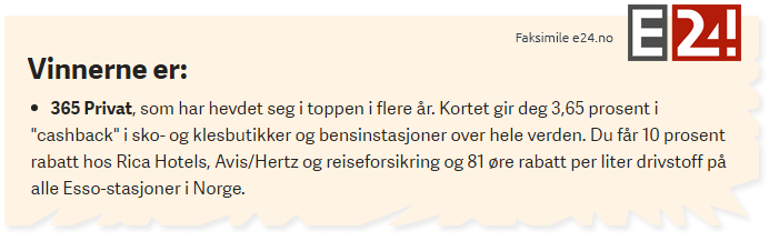 365Privat MasterCard er kåret til best i test, her i en faksimile fra E24.no
